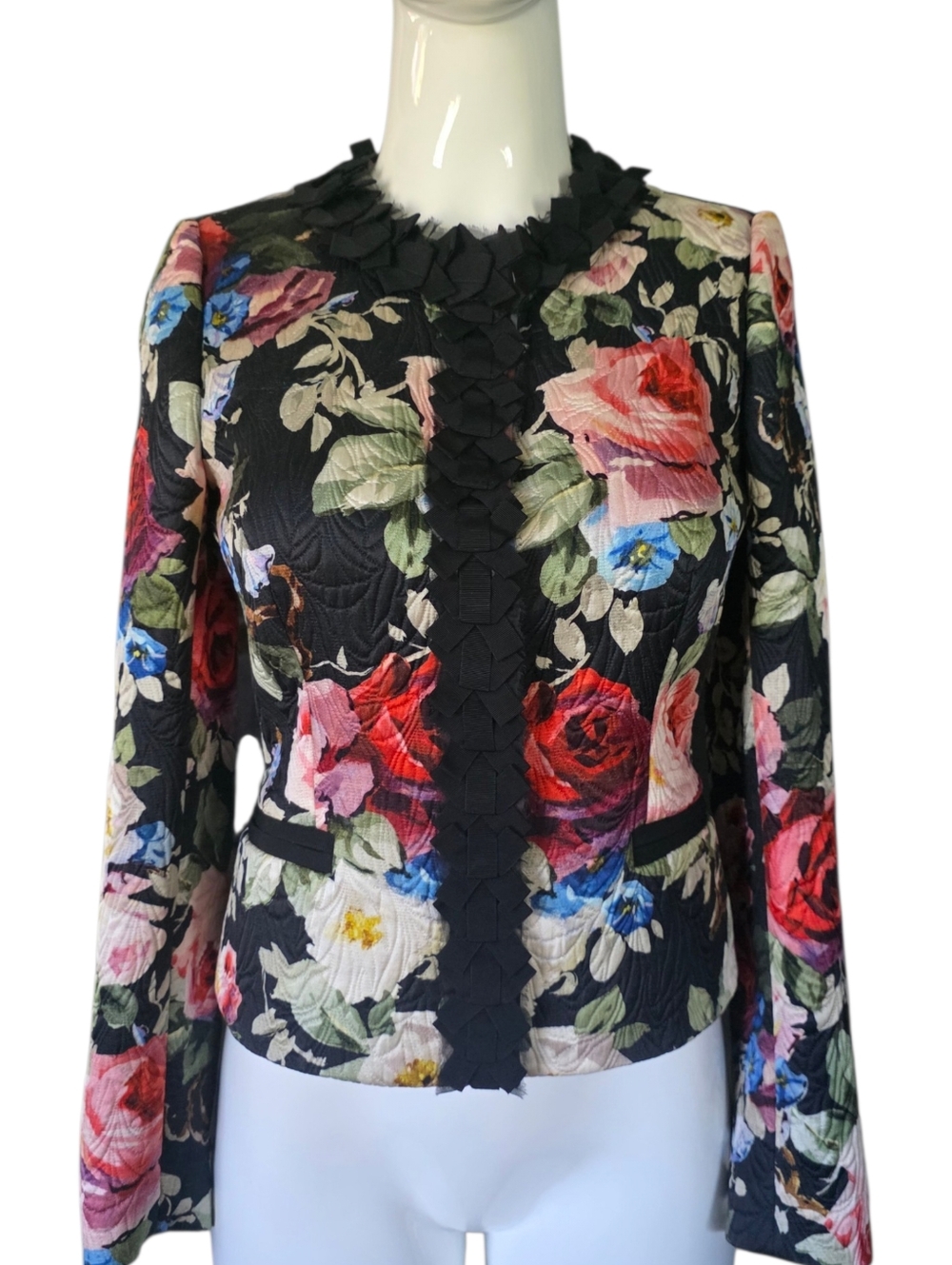 Dolce & Gabbana Floral Silk Wool Jacket IT 38 XS Black Multicolor Ruffle Italy
